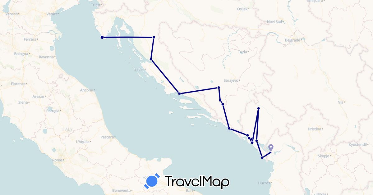 TravelMap itinerary: driving in Albania, Bosnia and Herzegovina, Croatia, Montenegro (Europe)